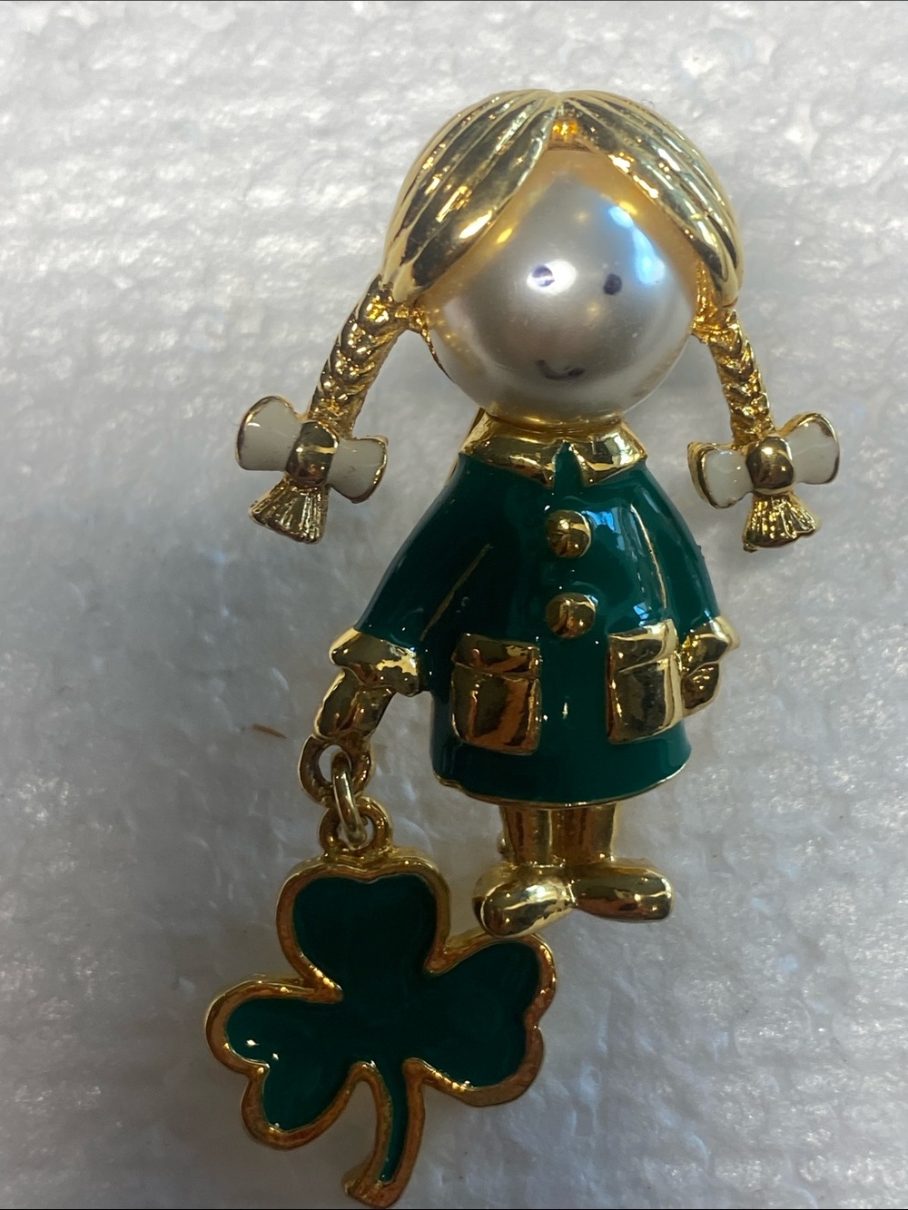 Vintage Gold-Tone Lucky Girl Brooch with Green Coat and Shamrock Dangle